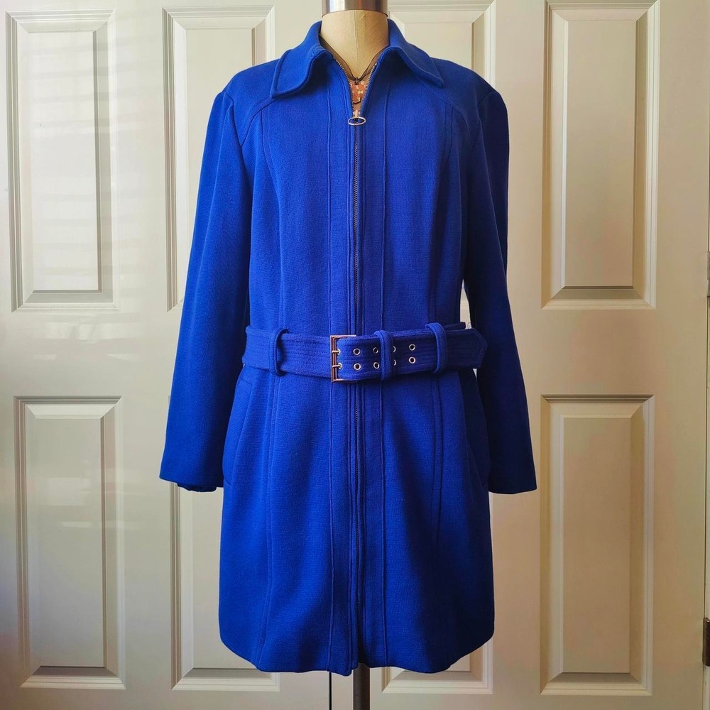 Vintage 90s Cobalt Blue Knit Zip Up Jacket Minimalist Grommet Belted XL Y2K NYC